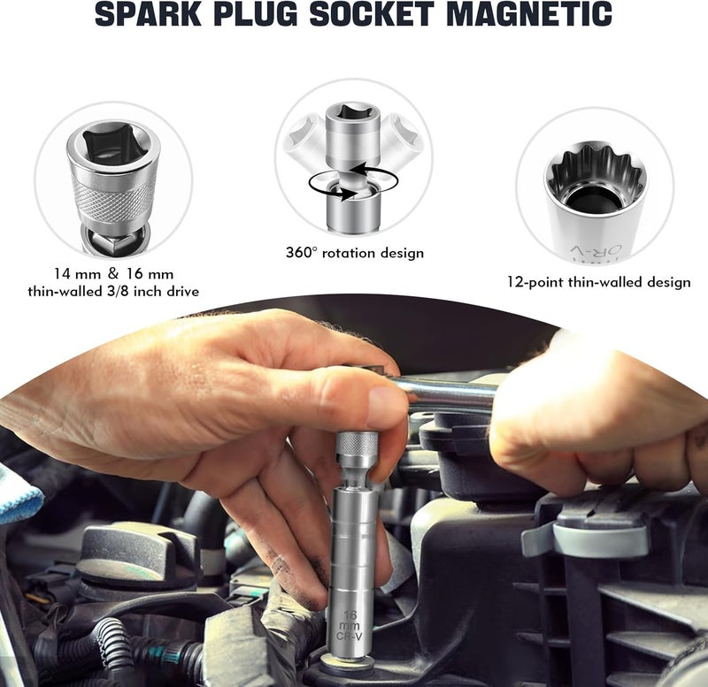 FLATRI 14mm&16mm Spark Plug Socket, 5/8 Spark Plug Socket Swivel for Maximum Flexibility, Thin Wall 12 Point Spark Plug Socket Set with Magnetic Design for Most Car Models - Image 4